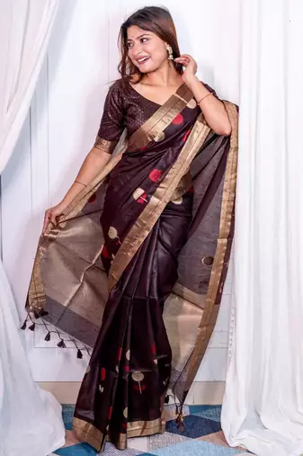 brown linen silk blend jamdani weaving border sarees