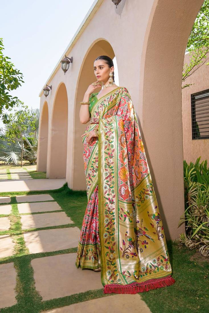 red banarasi silk blend paithani kanjivaram weaving saree