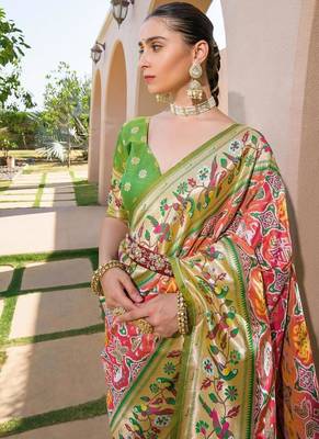 green silk blend floral paithani woven saree 2