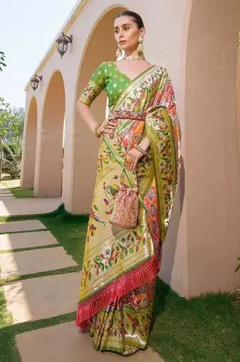 green silk blend floral paithani woven saree