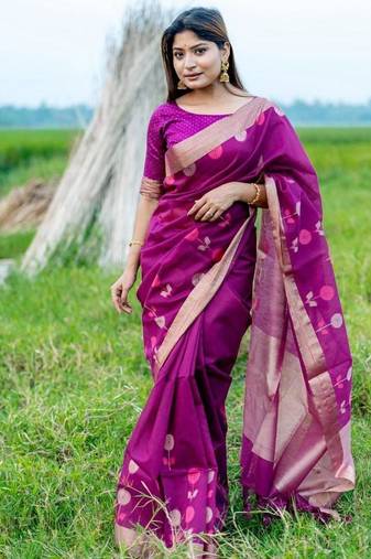purple linen silk blend jamdani weaving border sarees