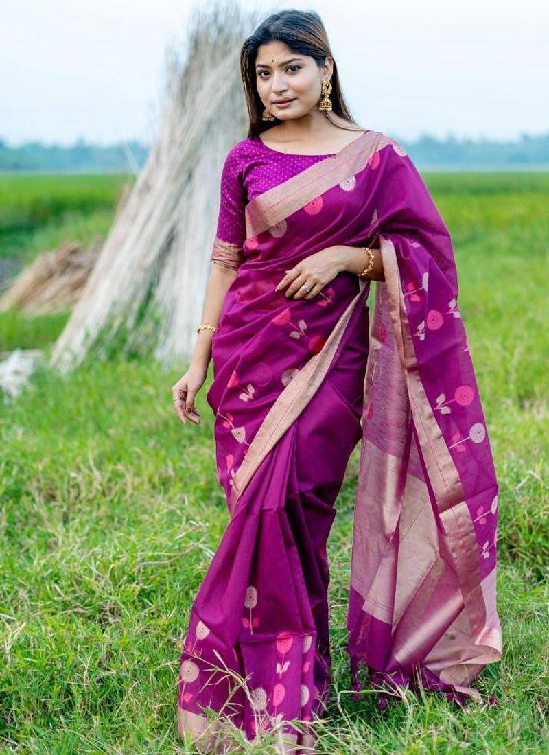 purple linen silk blend jamdani weaving border sarees