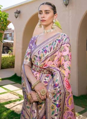 pink banarasi silk floral woven paithani saree 2