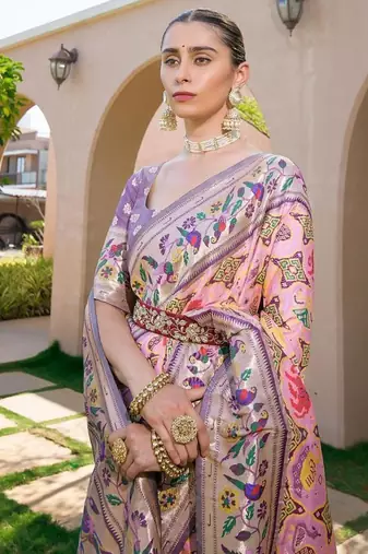 pink banarasi silk floral woven paithani saree