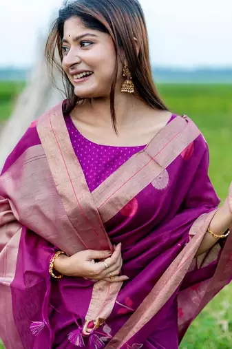purple linen silk blend jamdani weaving border sarees