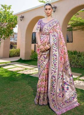 pink banarasi silk floral woven paithani saree 3