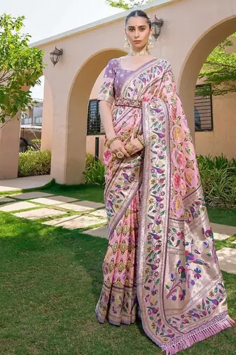 pink banarasi silk floral woven paithani saree