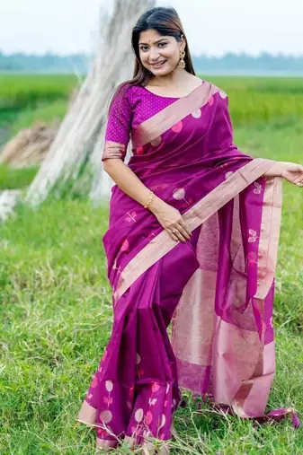 purple linen silk blend jamdani weaving border sarees