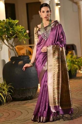 purple khadi raw silk blend hand painted sarees