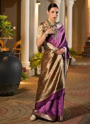 purple khadi raw silk hand painted saree 2
