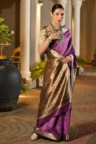 purple khadi raw silk hand painted saree
