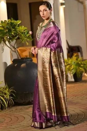 purple khadi raw silk hand painted saree