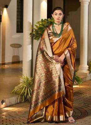 mustard khadi raw silk hand painted saree 1