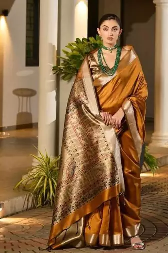 musturd khadi raw silk blend hand painted sarees