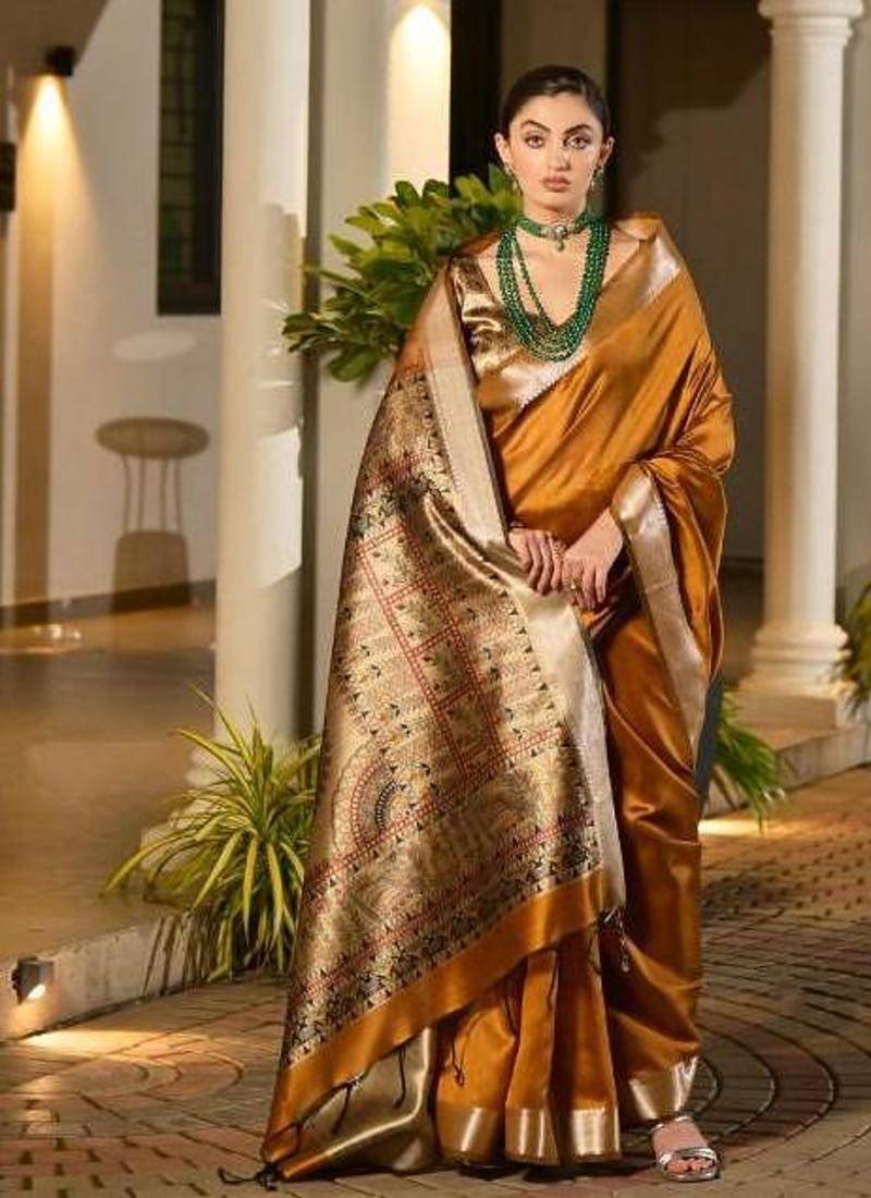 musturd khadi raw silk blend hand painted sarees