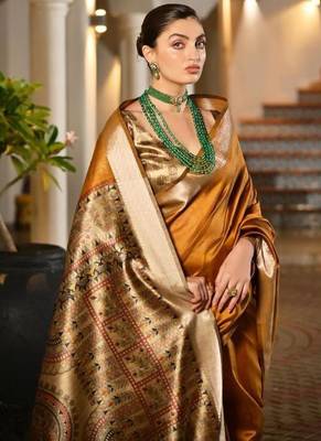 mustard khadi raw silk hand painted saree 2