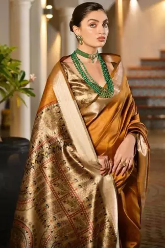 mustard khadi raw silk hand painted saree