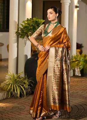 mustard khadi raw silk hand painted saree 4