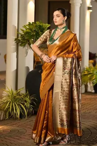 mustard khadi raw silk hand painted saree