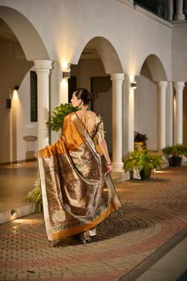 mustard khadi raw silk hand painted saree 5