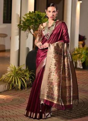maroon khadi raw silk hand painted saree 1