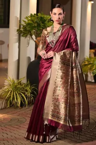 maroon khadi raw silk blend hand painted sarees