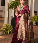 maroon khadi  silk blend hand painted sarees