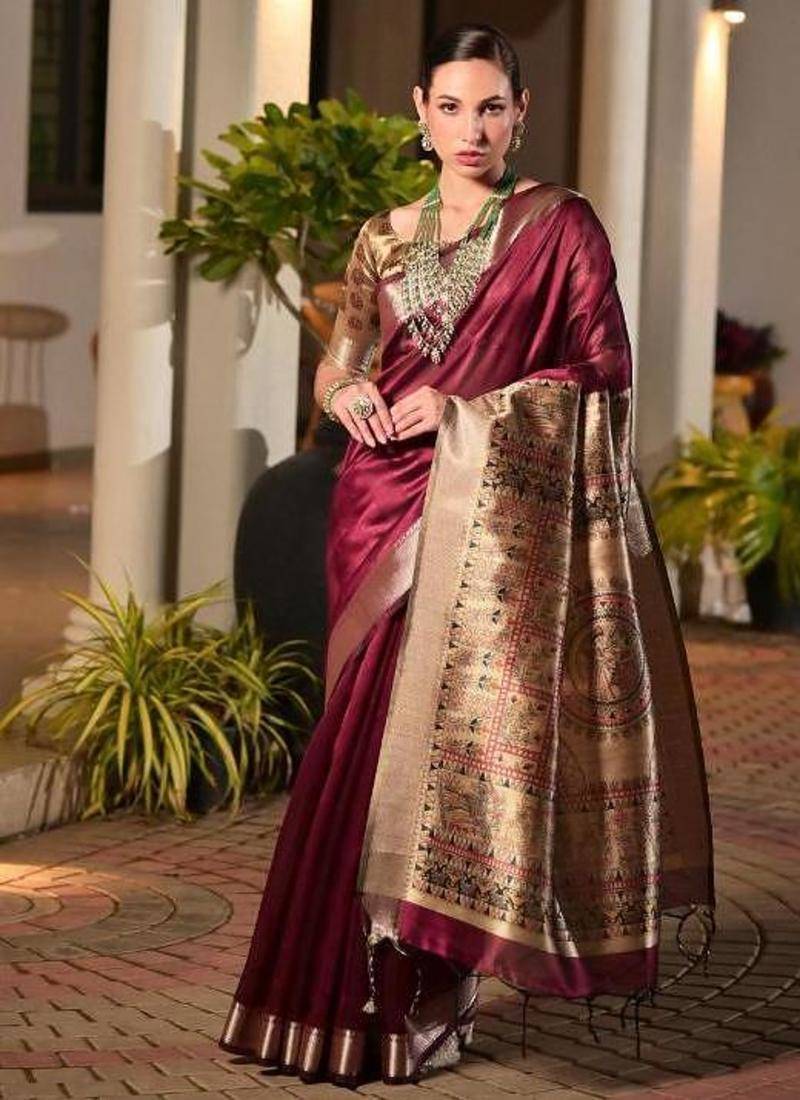 maroon khadi raw silk blend hand painted sarees