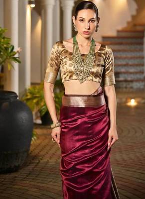 maroon khadi raw silk hand painted saree 2