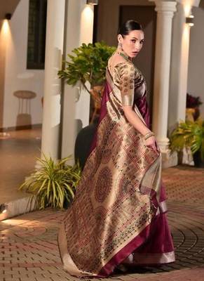 maroon khadi raw silk hand painted saree 3
