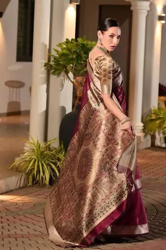 maroon khadi raw silk hand painted saree