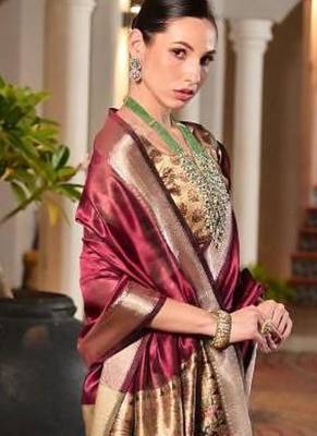 maroon khadi raw silk hand painted saree 4