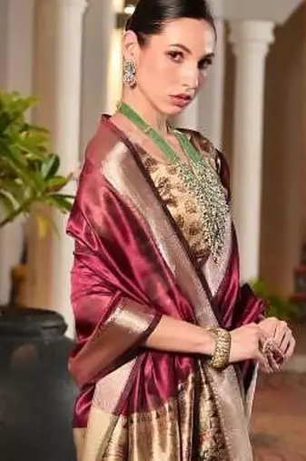 maroon khadi raw silk hand painted saree