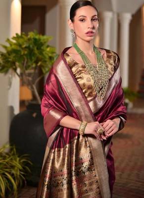 maroon khadi raw silk hand painted saree 5