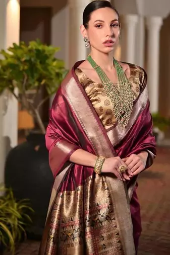 maroon khadi raw silk hand painted saree