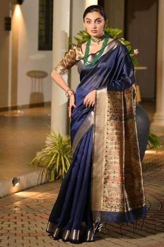 navy khadi  silk blend hand painted sarees