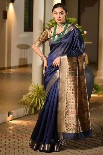 navy khadi raw silk blend hand painted sarees