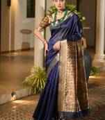 navy khadi  silk blend hand painted sarees