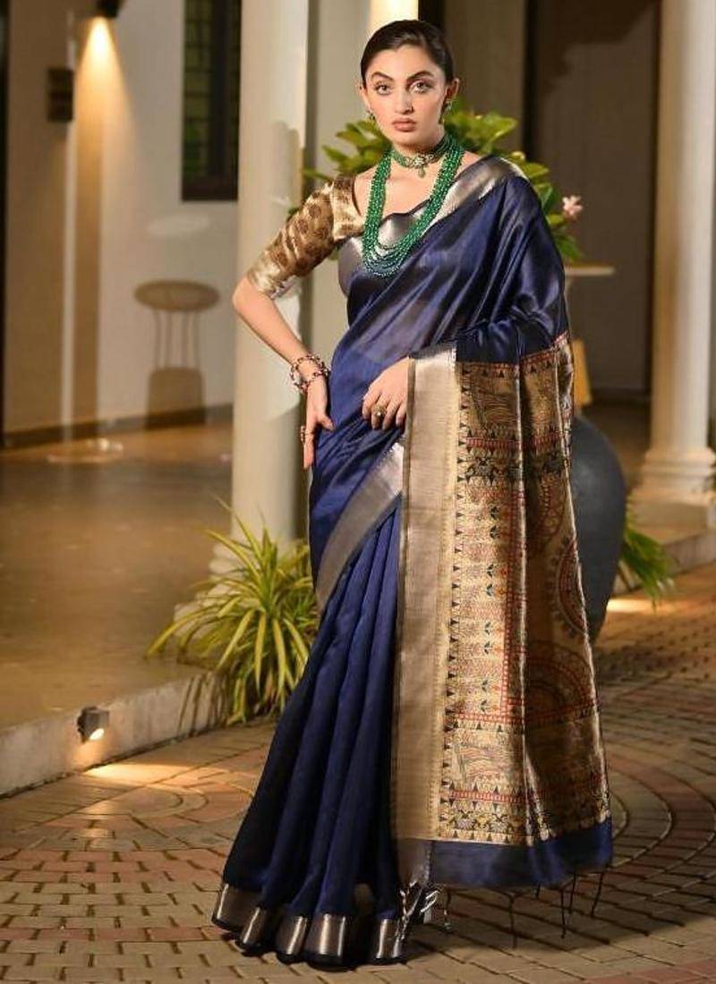 navy khadi raw silk blend hand painted sarees