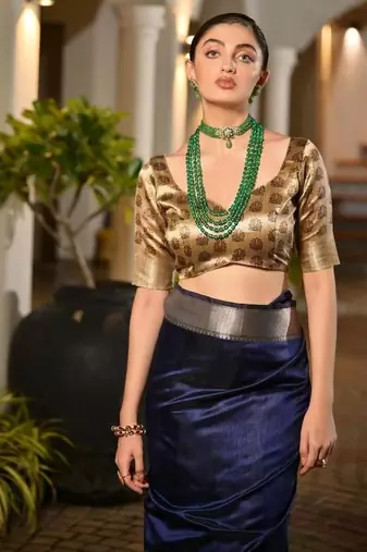navy blue khadi raw silk hand painted saree