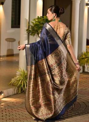 navy blue khadi raw silk hand painted saree 3