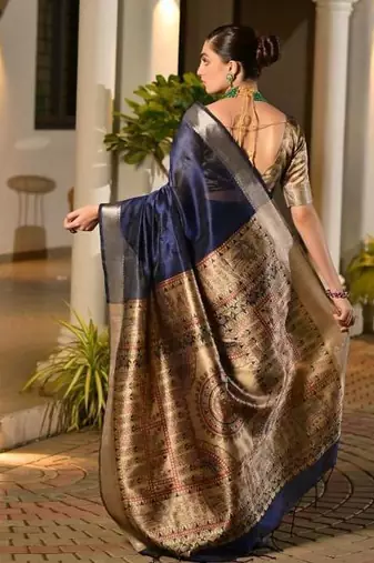 navy blue khadi raw silk hand painted saree