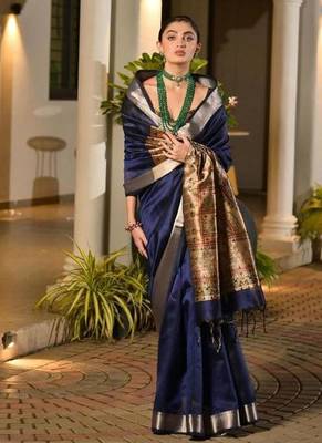 navy blue khadi raw silk hand painted saree 4