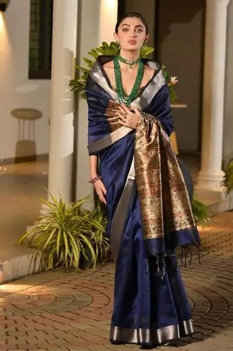 navy blue khadi raw silk hand painted saree