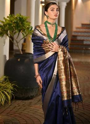 navy blue khadi raw silk hand painted saree 5