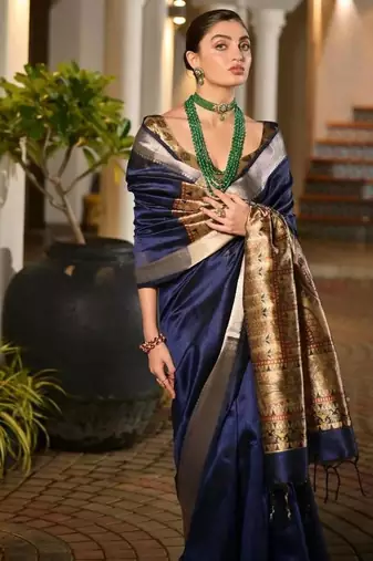 navy blue khadi raw silk hand painted saree