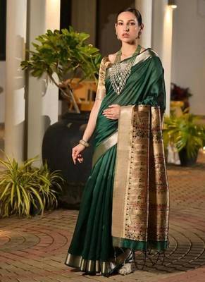 green khadi raw silk hand painted saree 1