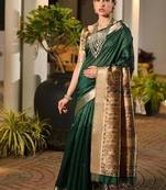 green khadi  silk blend hand painted sarees