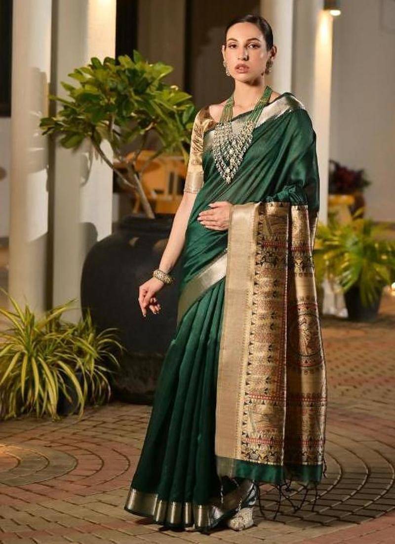 green khadi raw silk blend hand painted sarees