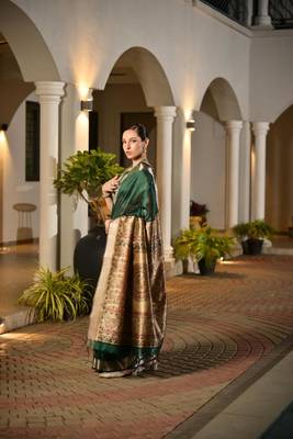 green khadi raw silk hand painted saree 2